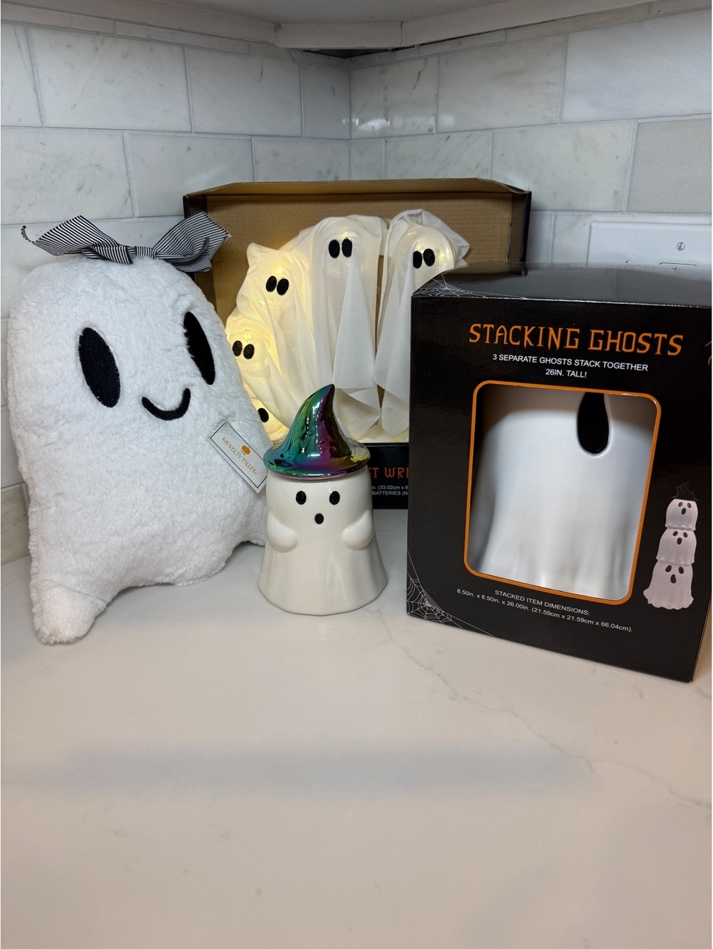 NWT Halloween Ghost Decoration Set with Plush Ceramic Stacking Ghosts, and Ghost